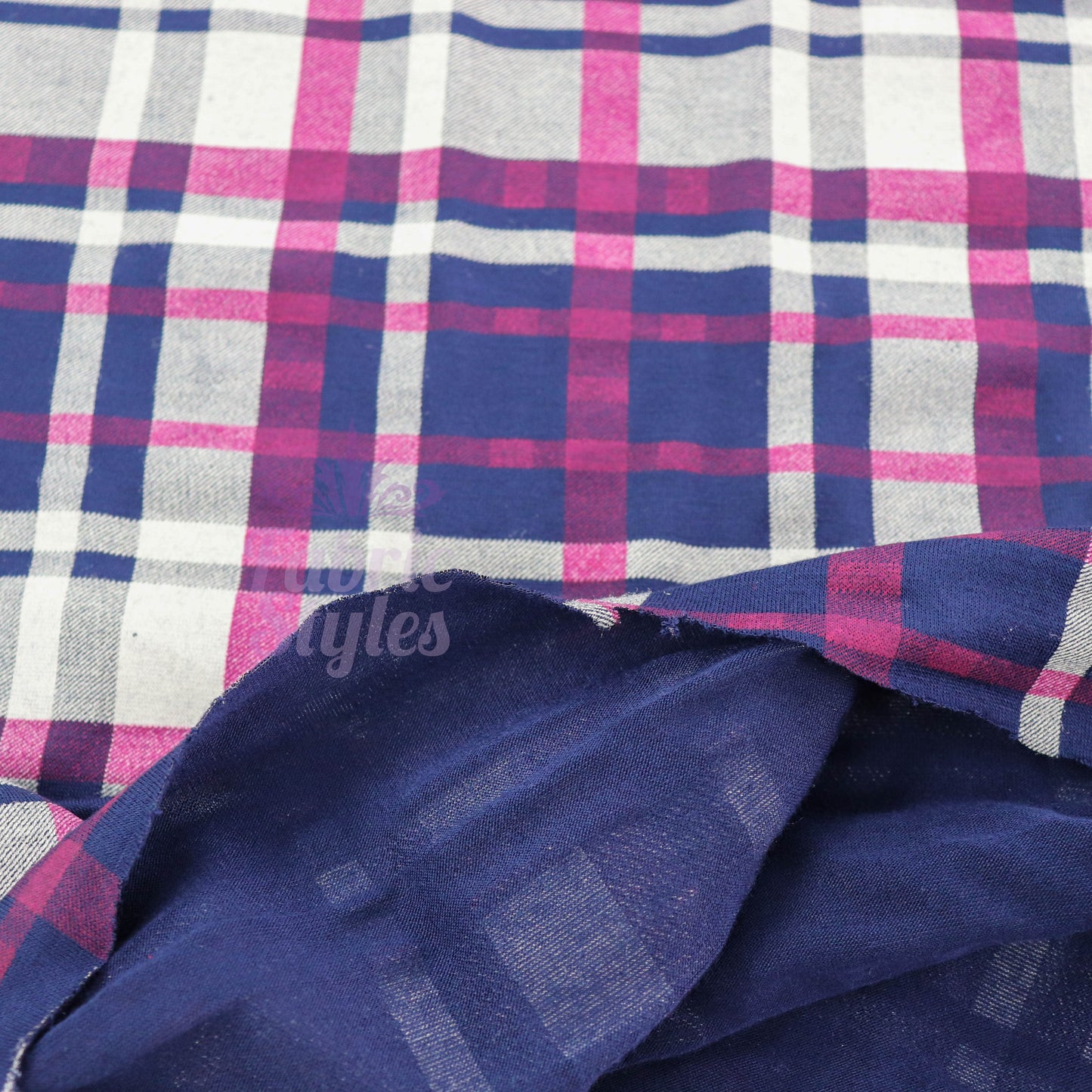 Navy Tartan Pink White Plaid Print Viscose Elastane Fabric