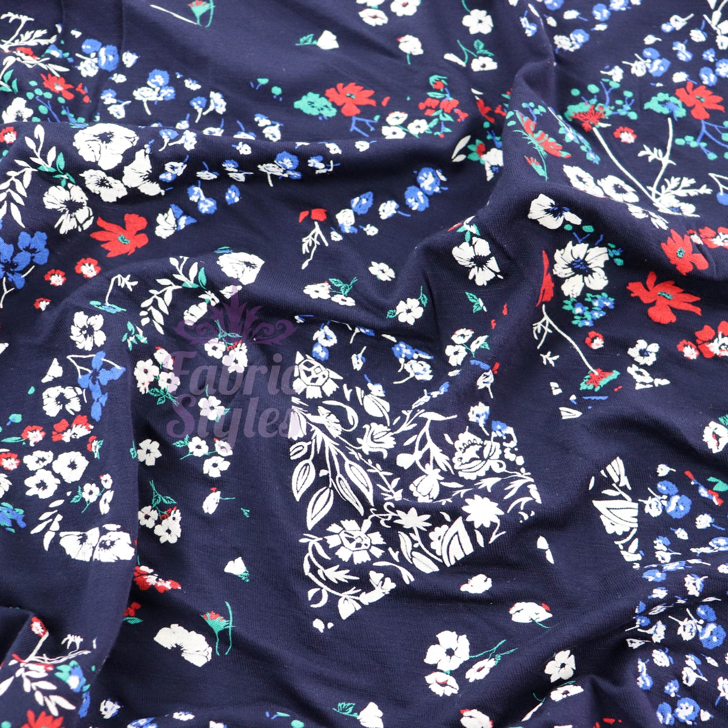 Navy Geometric Floral Ditsy Viscose Elastane Fabric