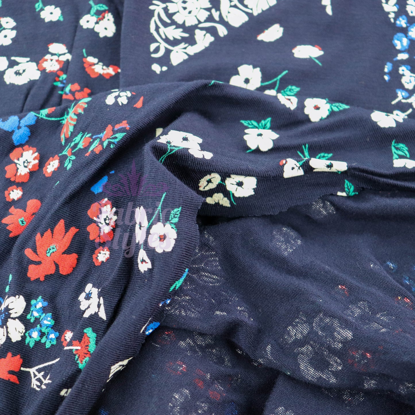 Navy Geometric Floral Ditsy Viscose Elastane Fabric
