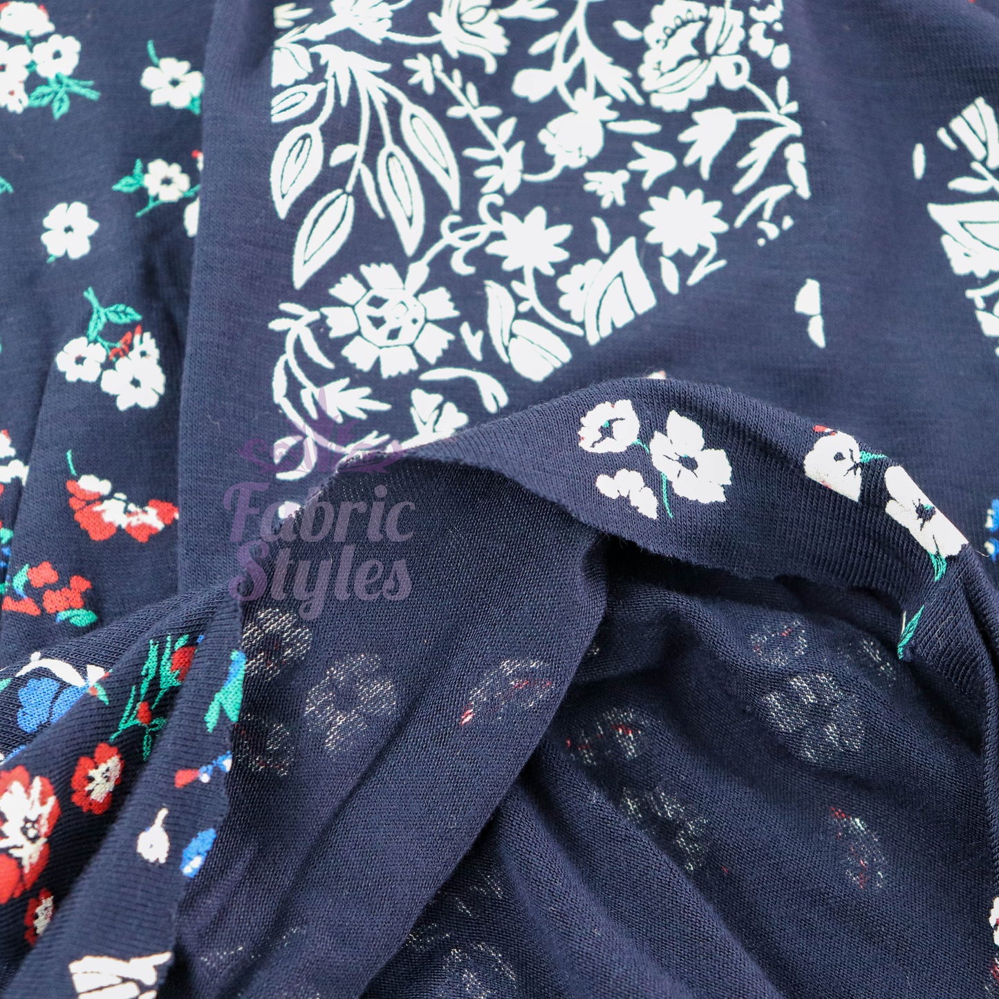 Navy Geometric Floral Ditsy Viscose Elastane Fabric
