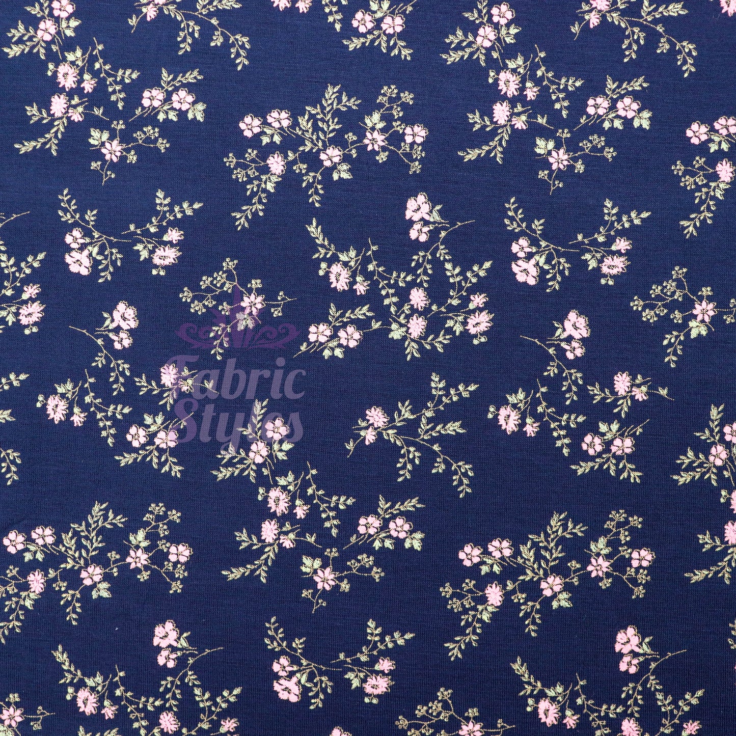 Navy Floral Pink Green Flowers Viscose Elastane Fabric