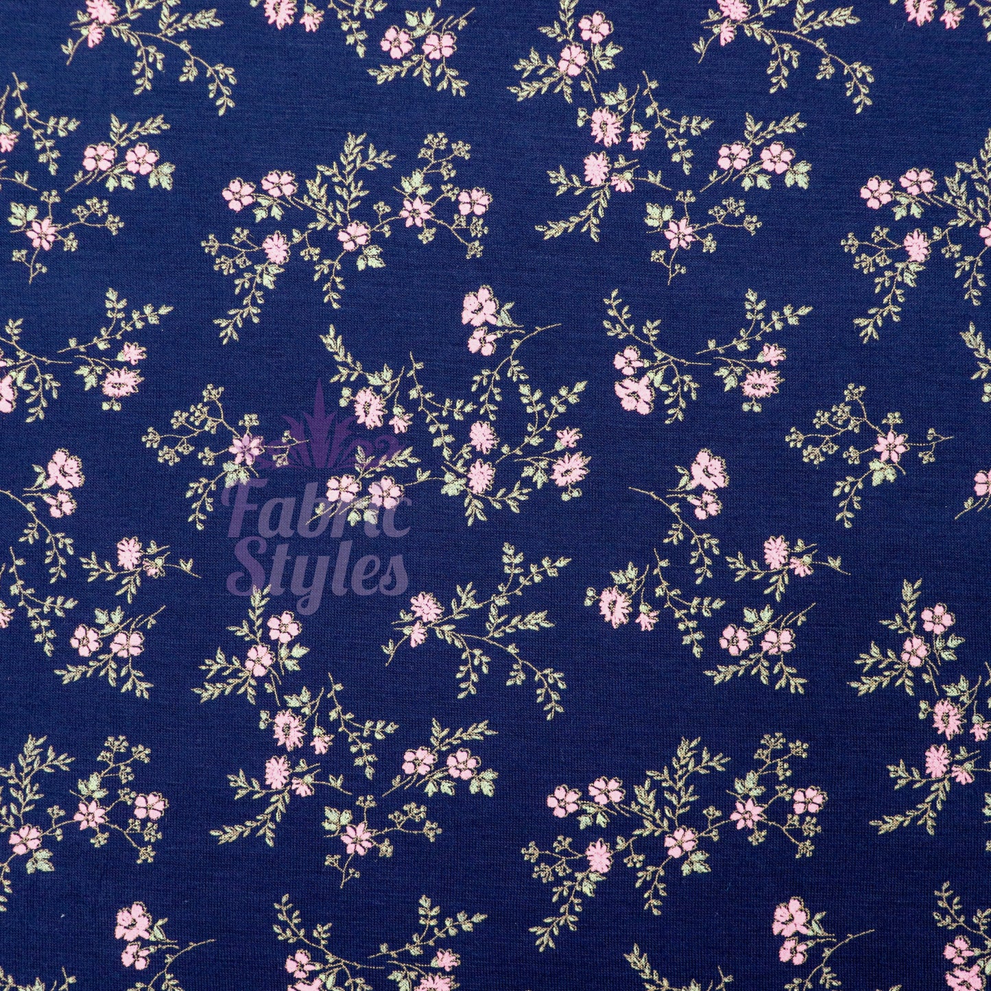 Navy Floral Pink Green Flowers Viscose Elastane Fabric