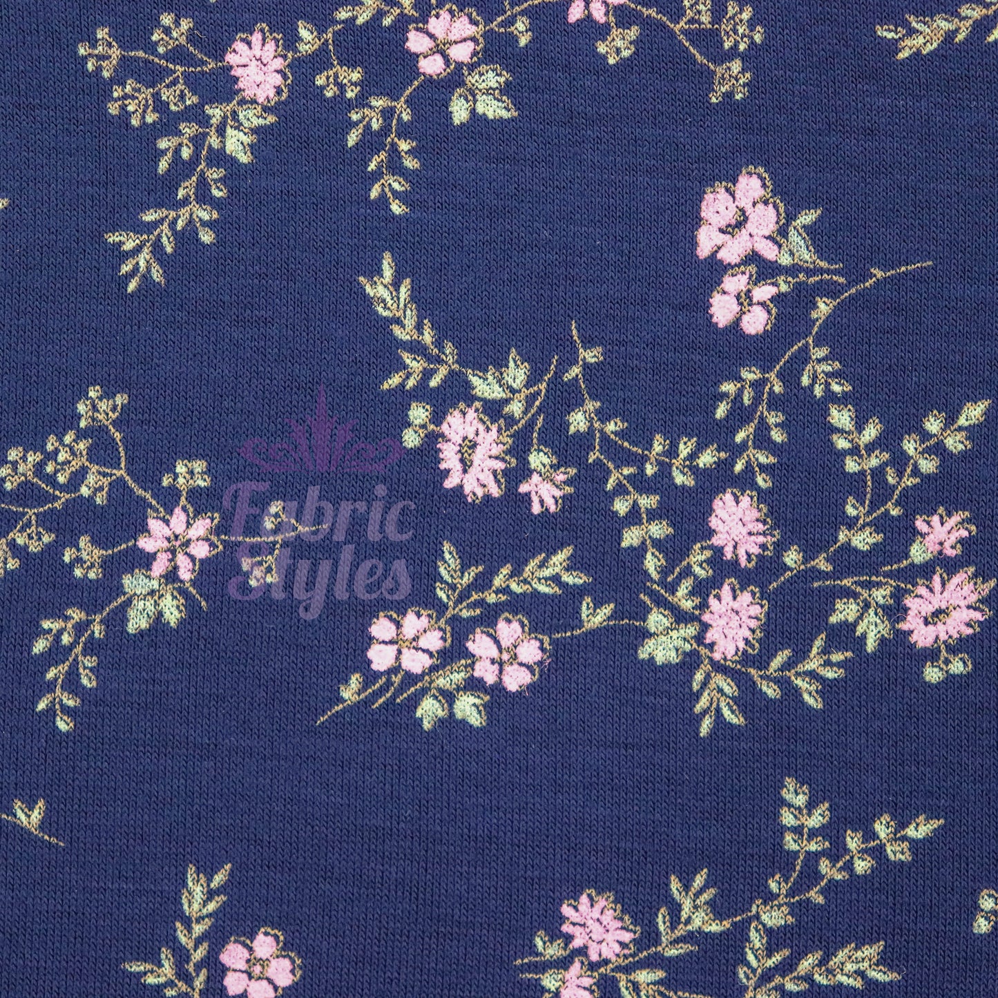 Navy Floral Pink Green Flowers Viscose Elastane Fabric