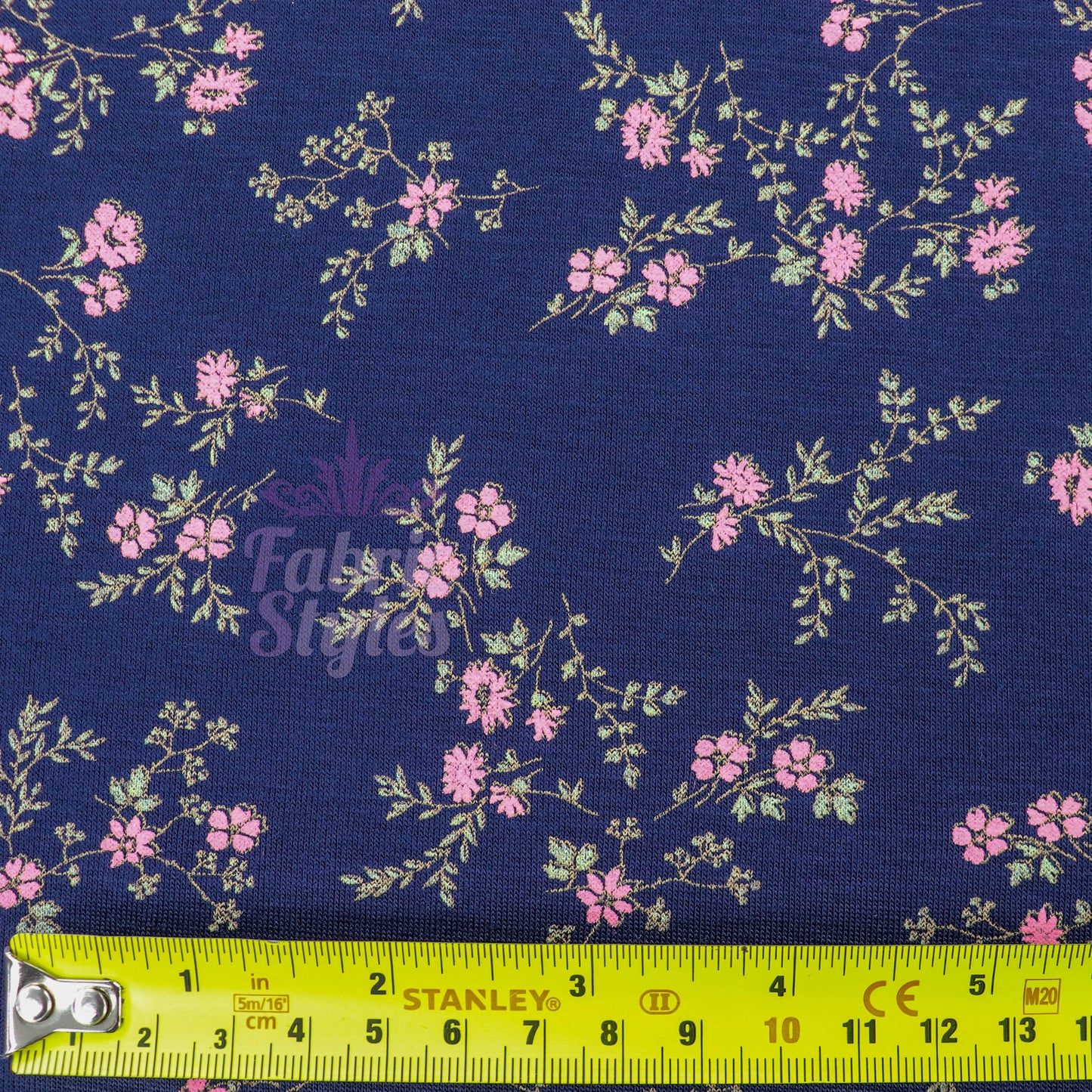 Navy Floral Pink Green Flowers Viscose Elastane Fabric