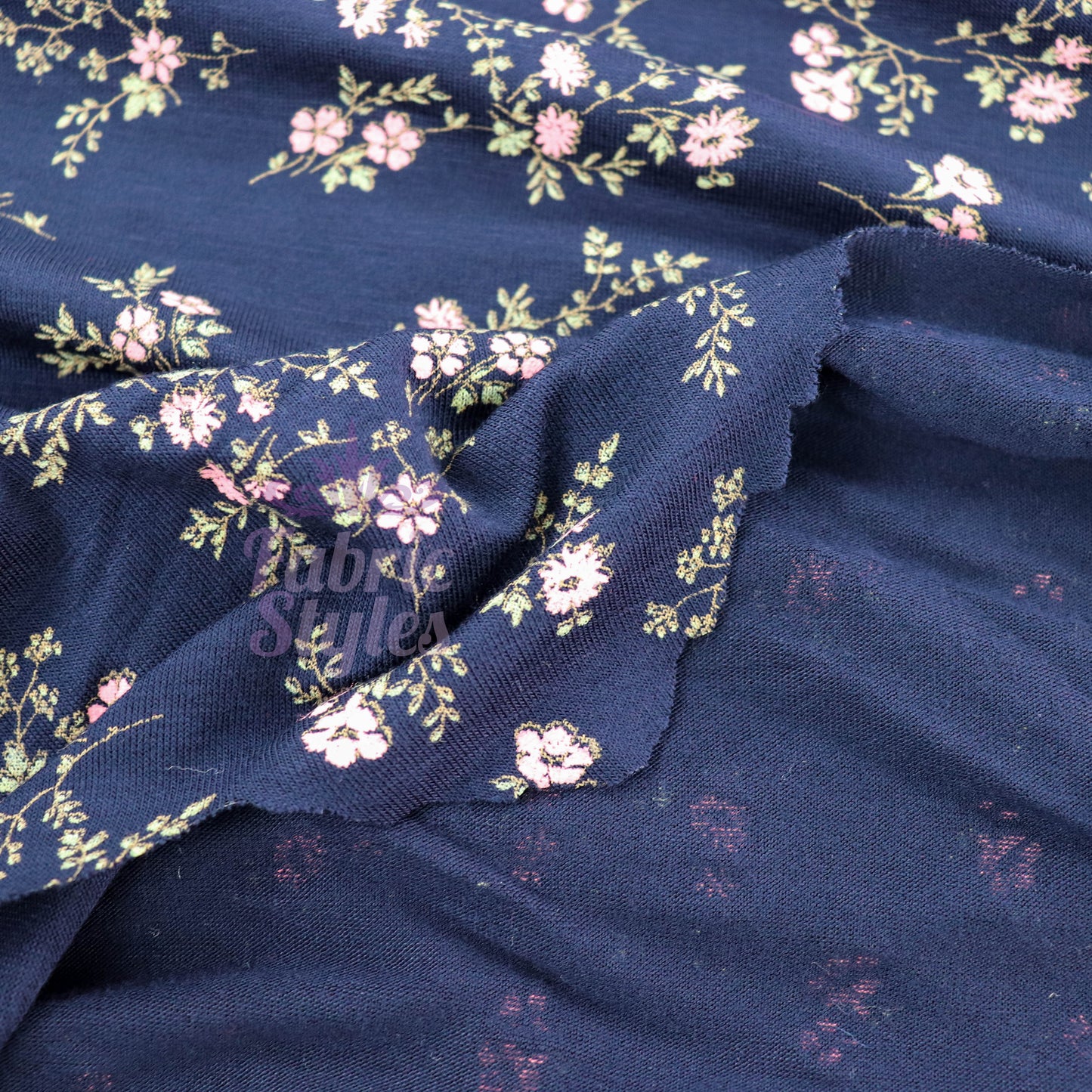 Navy Floral Pink Green Flowers Viscose Elastane Fabric