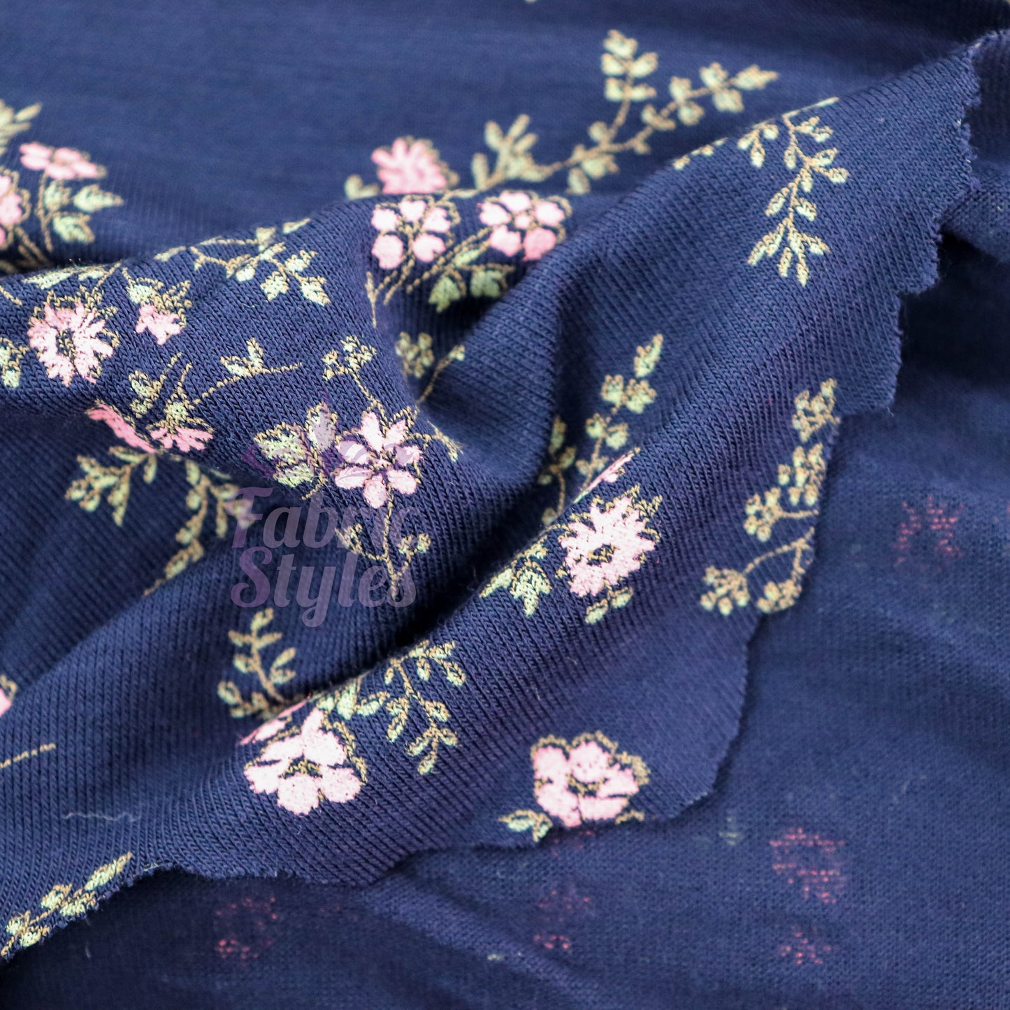 Navy Floral Pink Green Flowers Viscose Elastane Fabric