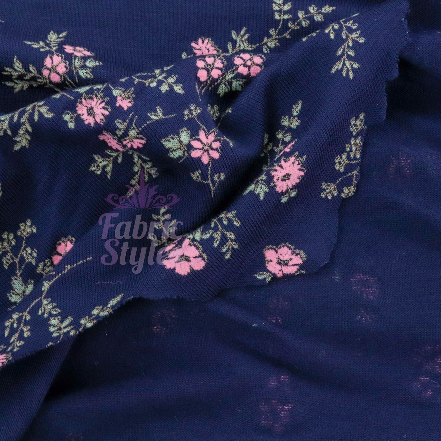 Navy Floral Pink Green Flowers Viscose Elastane Fabric