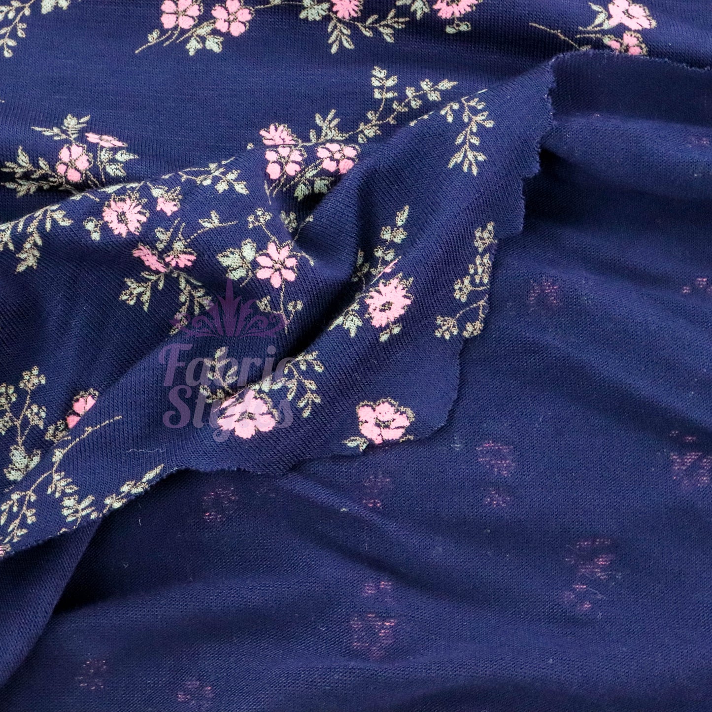 Navy Floral Pink Green Flowers Viscose Elastane Fabric