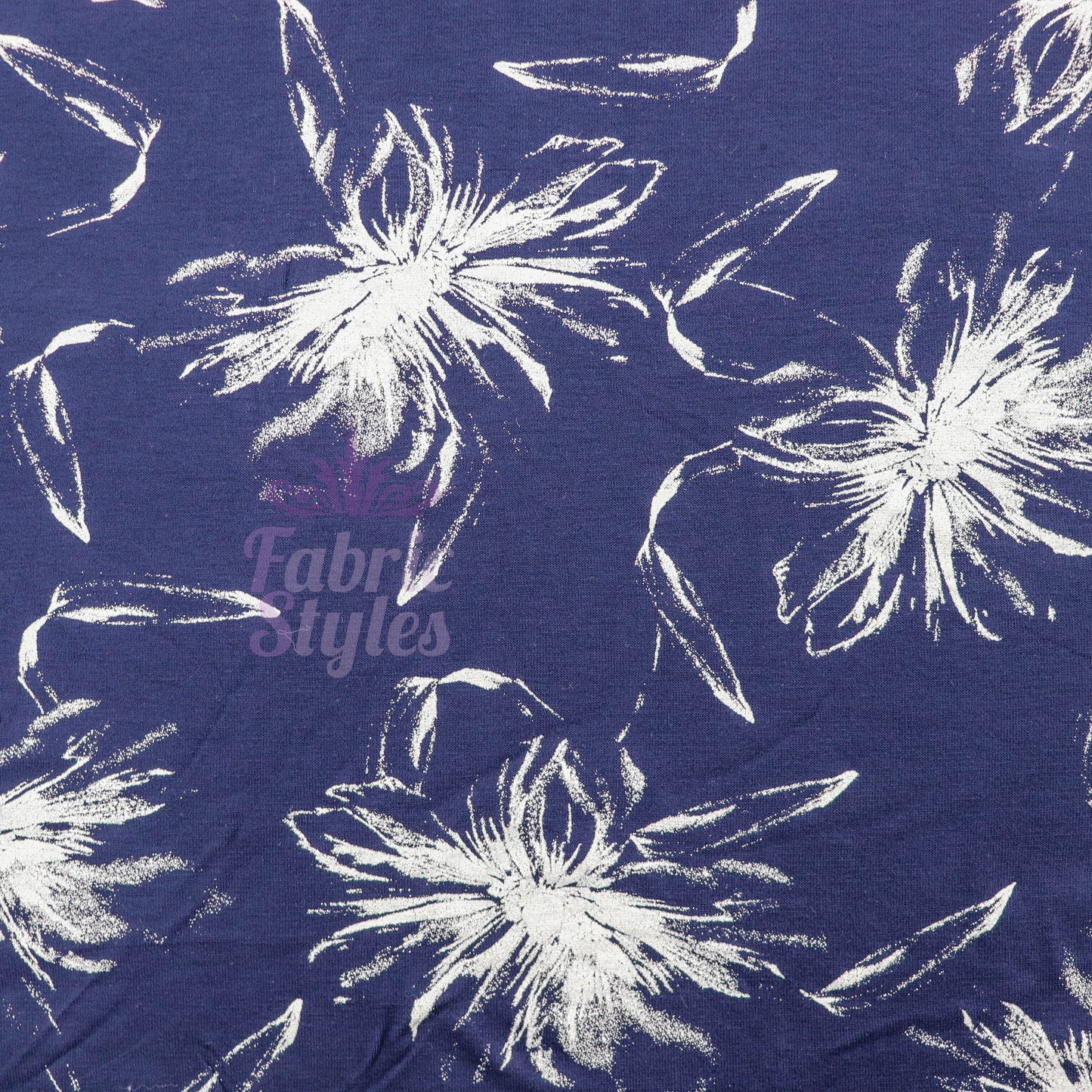 Navy Vintage Floral White Stencil Viscose Elastane Fabric