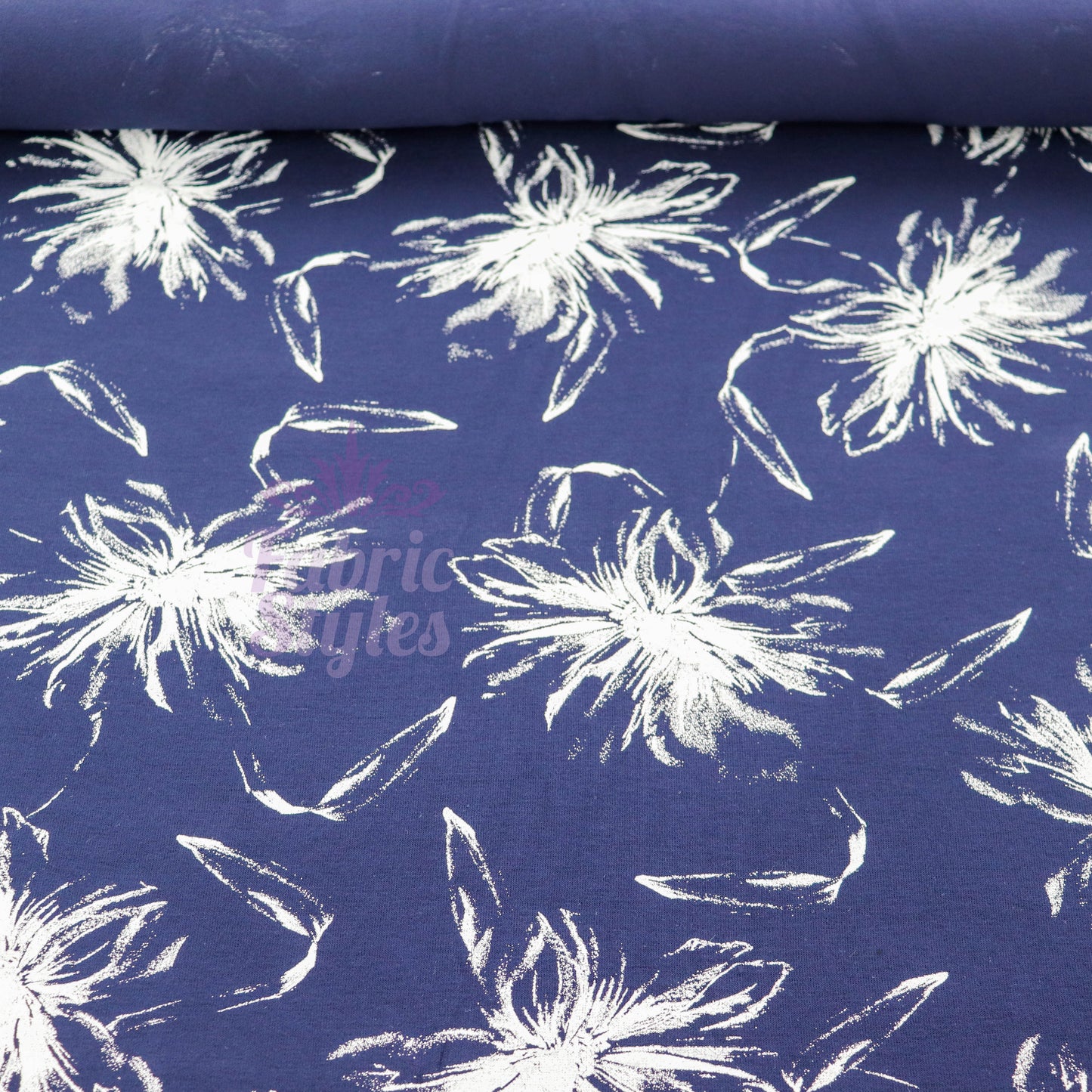 Navy Vintage Floral White Stencil Viscose Elastane Fabric