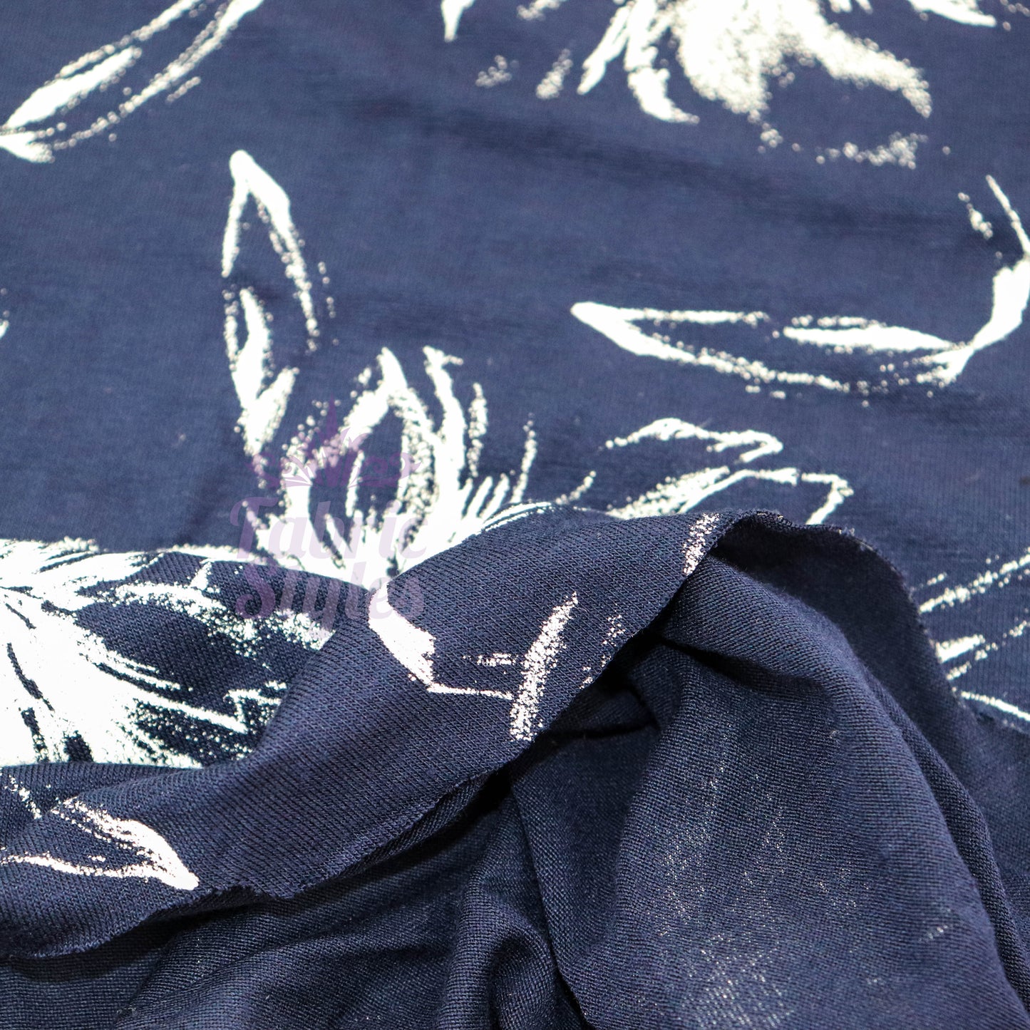 Navy Vintage Floral White Stencil Viscose Elastane Fabric