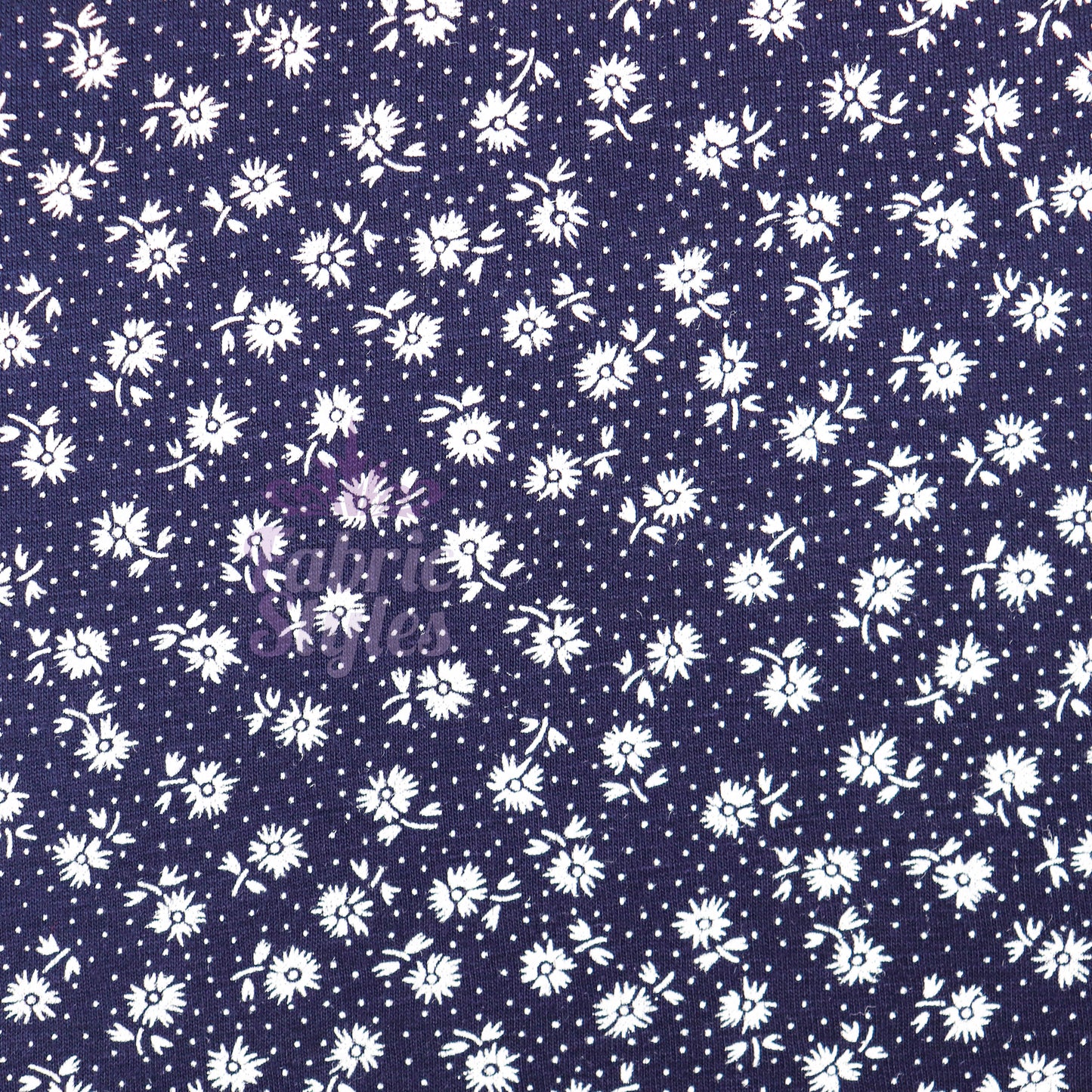 Navy Floral Small White Flowers Viscose Elastane Fabric