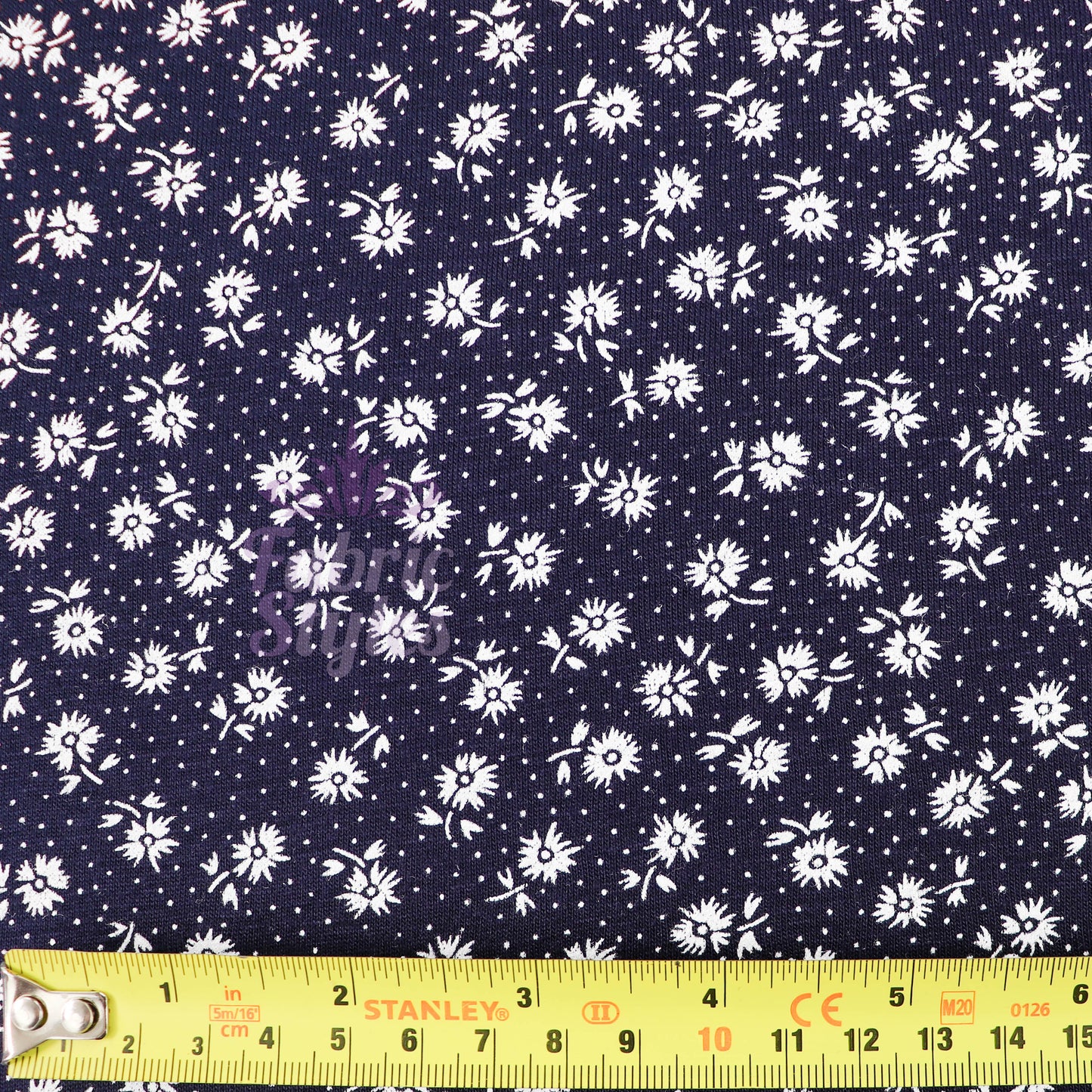 Navy Floral Small White Flowers Viscose Elastane Fabric