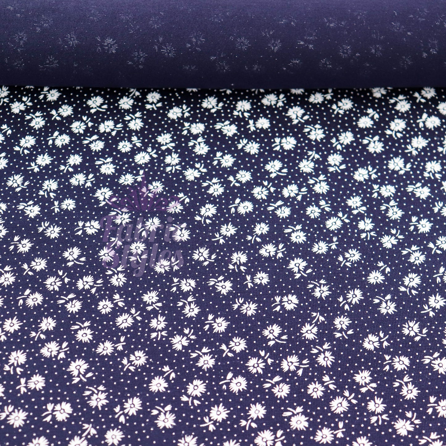 Navy Floral Small White Flowers Viscose Elastane Fabric