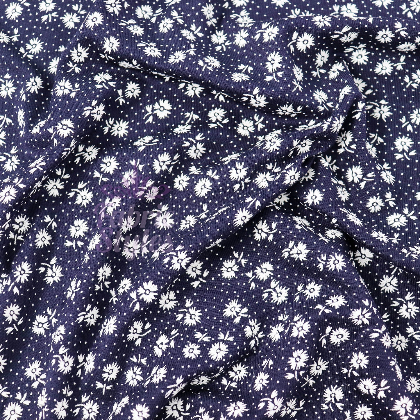 Navy Floral Small White Flowers Viscose Elastane Fabric