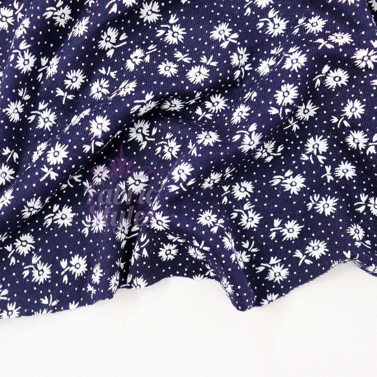 Navy Floral Small White Flowers Viscose Elastane Fabric