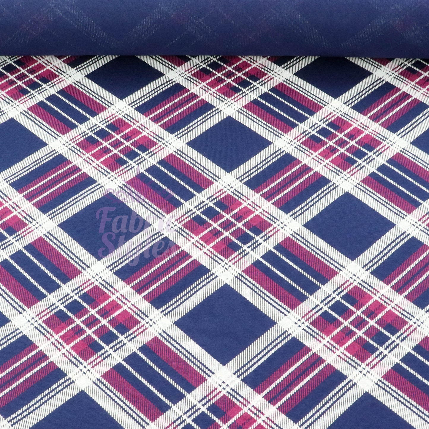 Navy Tartan Diagonal Plaid Print Viscose Elastane Fabric