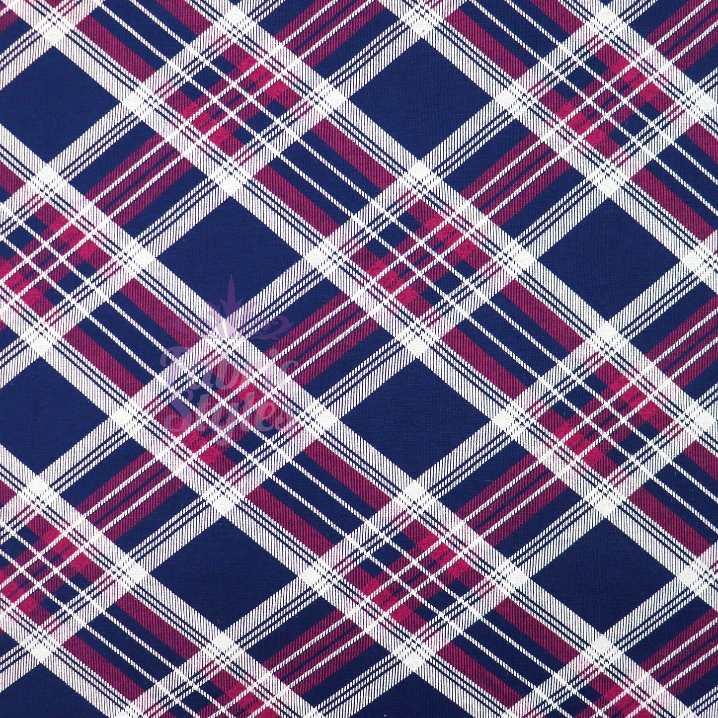 Navy Tartan Diagonal Plaid Print Viscose Elastane Fabric