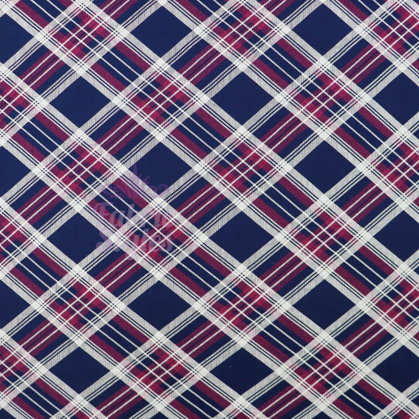 Navy Tartan Diagonal Plaid Print Viscose Elastane Fabric