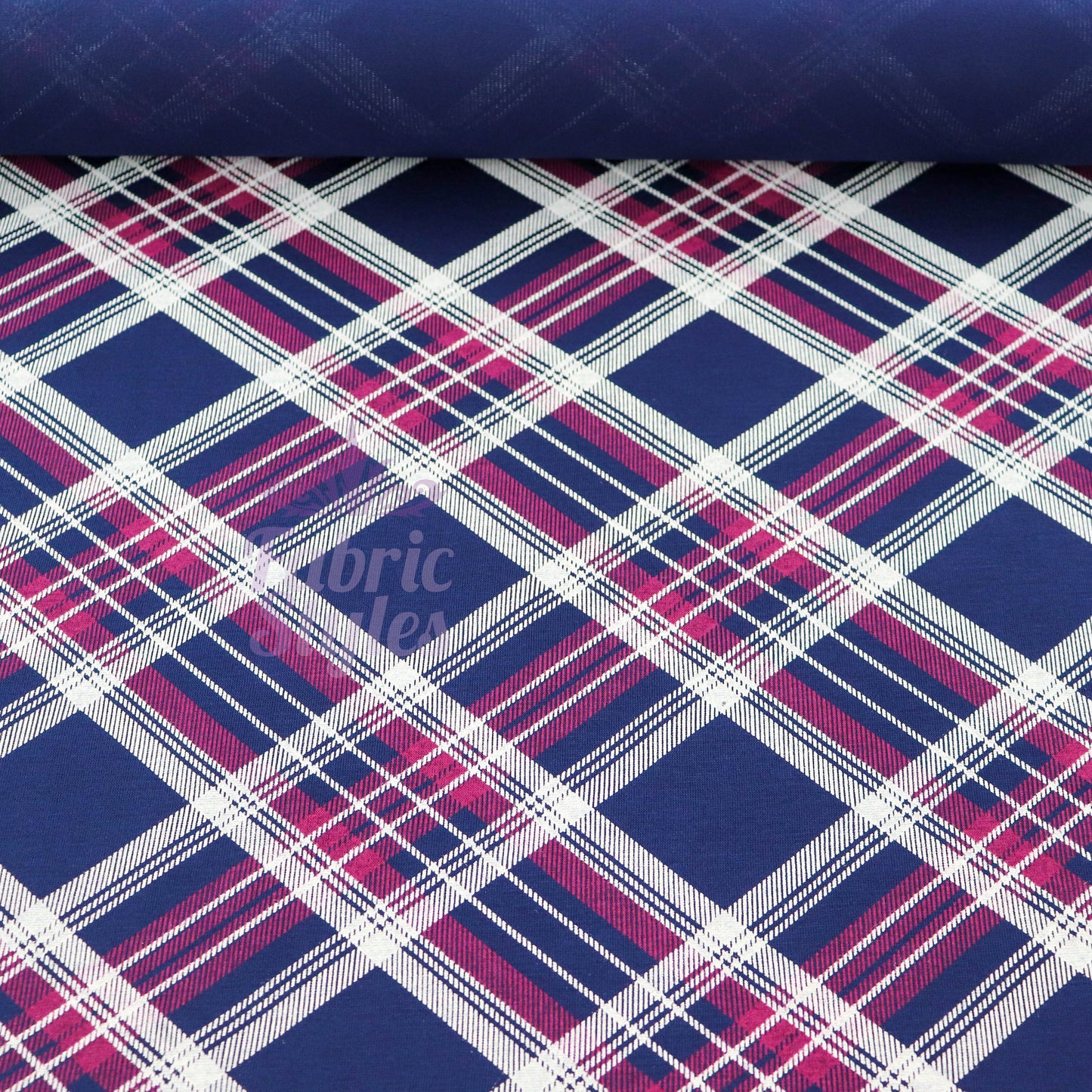 Navy Tartan Diagonal Plaid Print Viscose Elastane Fabric