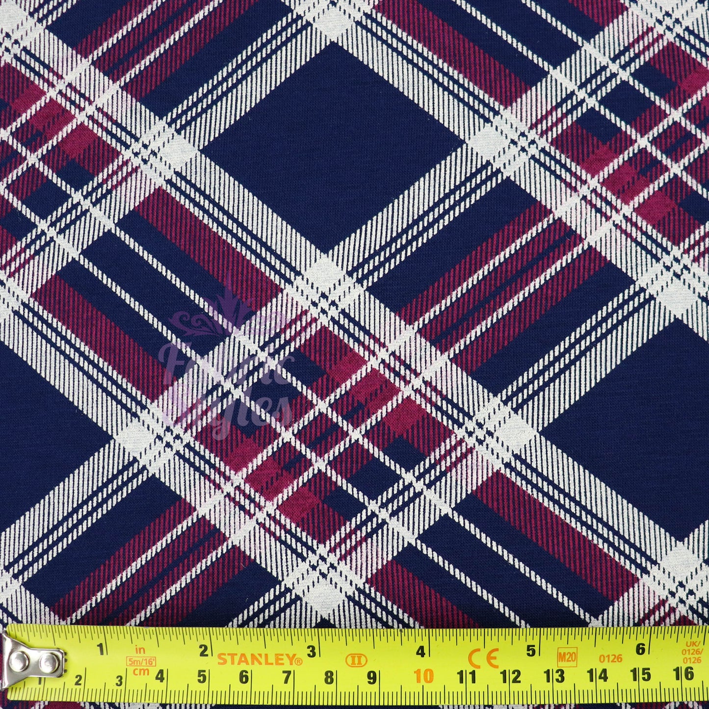 Navy Tartan Diagonal Plaid Print Viscose Elastane Fabric