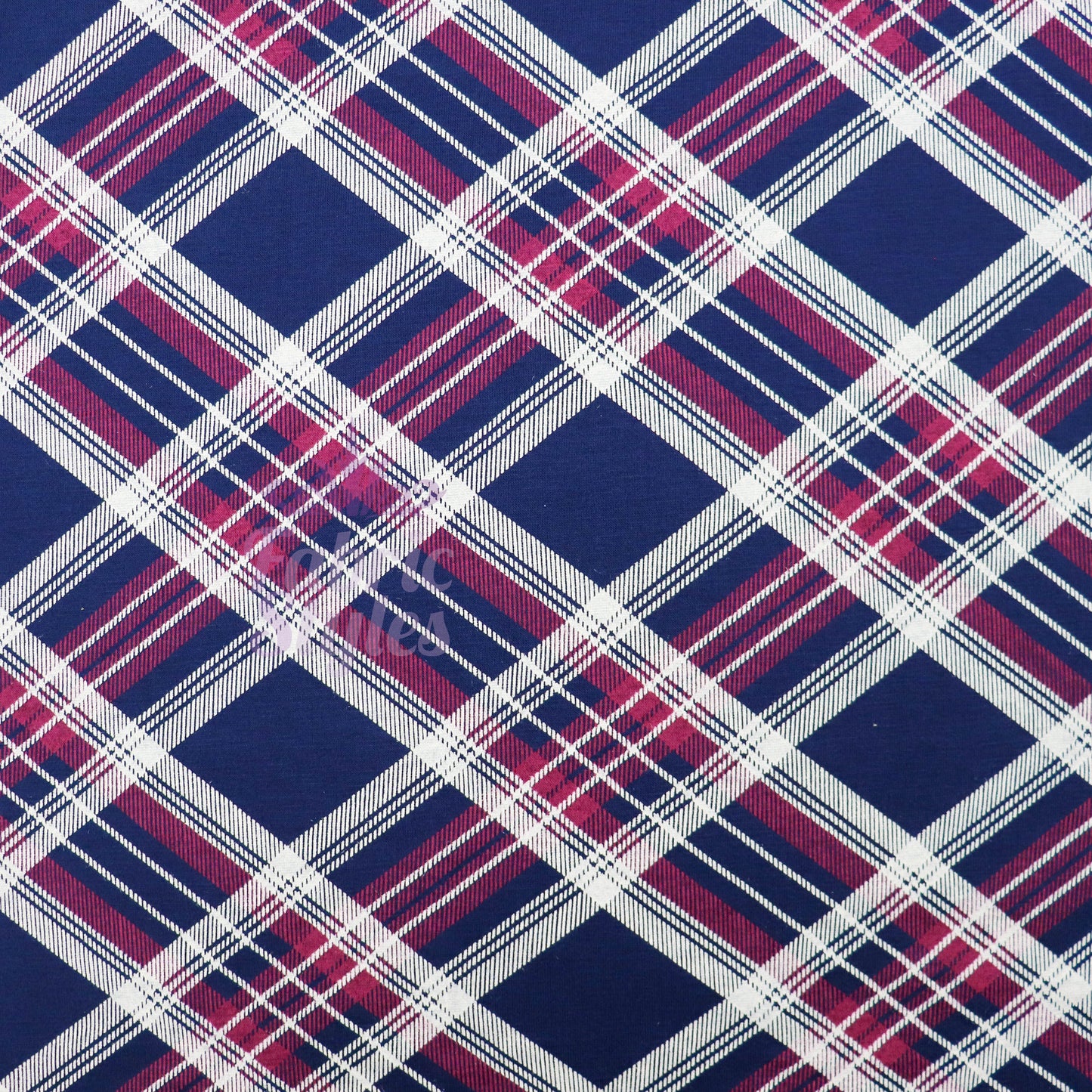 Navy Tartan Diagonal Plaid Print Viscose Elastane Fabric