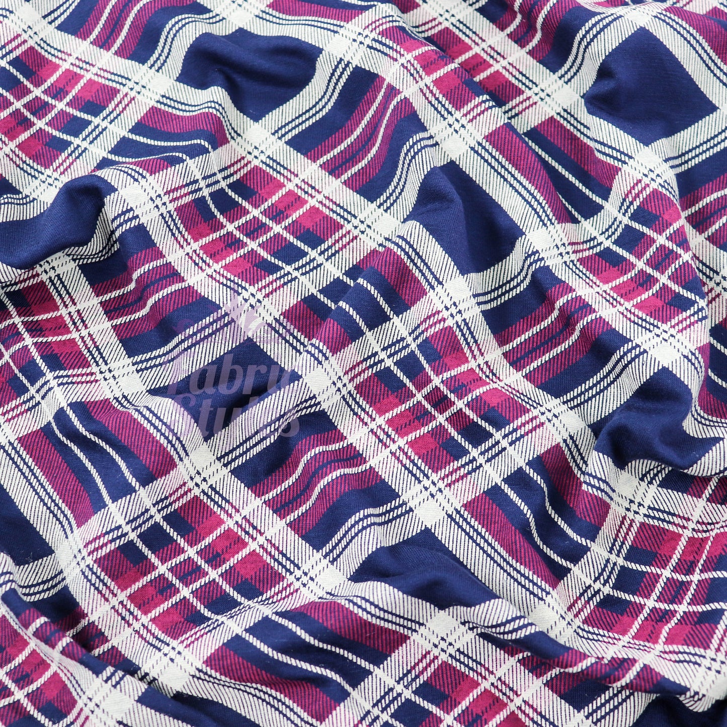 Navy Tartan Diagonal Plaid Print Viscose Elastane Fabric