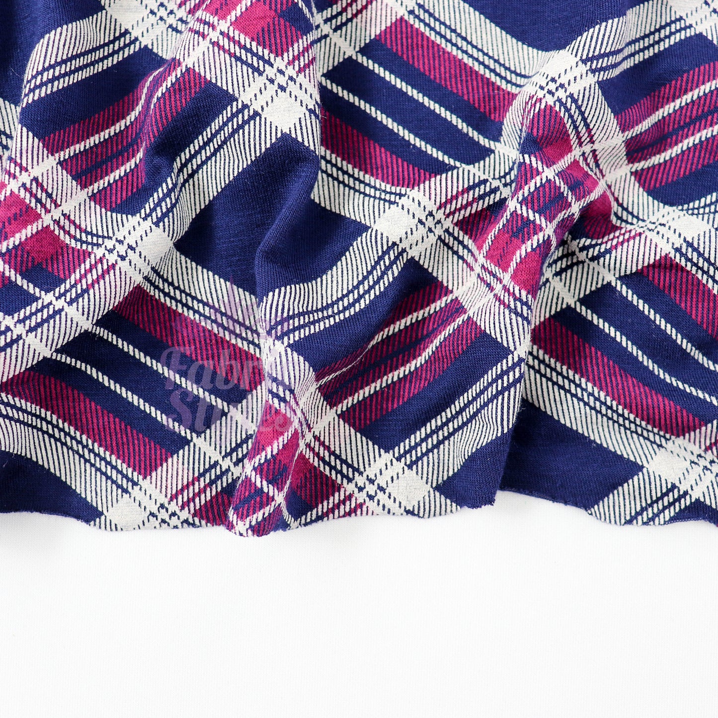 Navy Tartan Diagonal Plaid Print Viscose Elastane Fabric