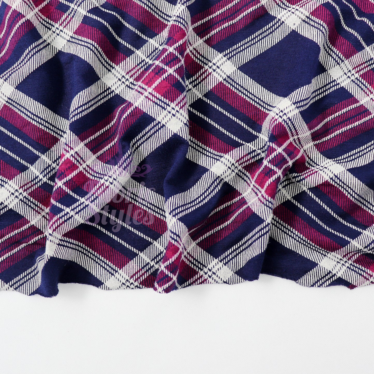 Navy Tartan Diagonal Plaid Print Viscose Elastane Fabric