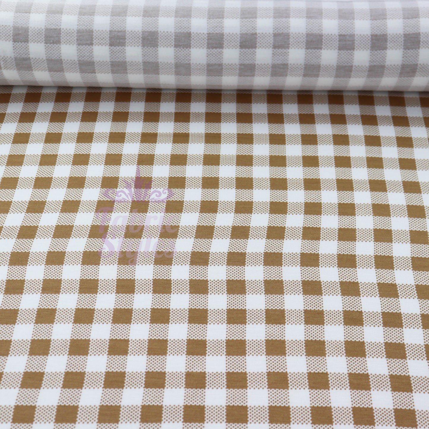 Light Brown Gingham Check Viscose Elastane Fabric