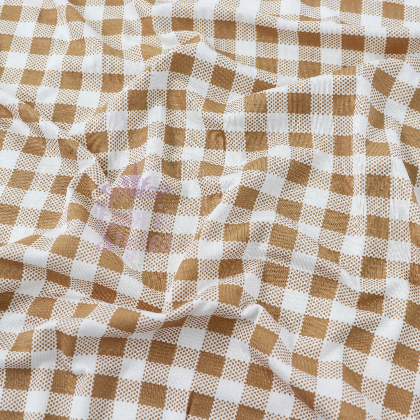 Light Brown Gingham Check Viscose Elastane Fabric