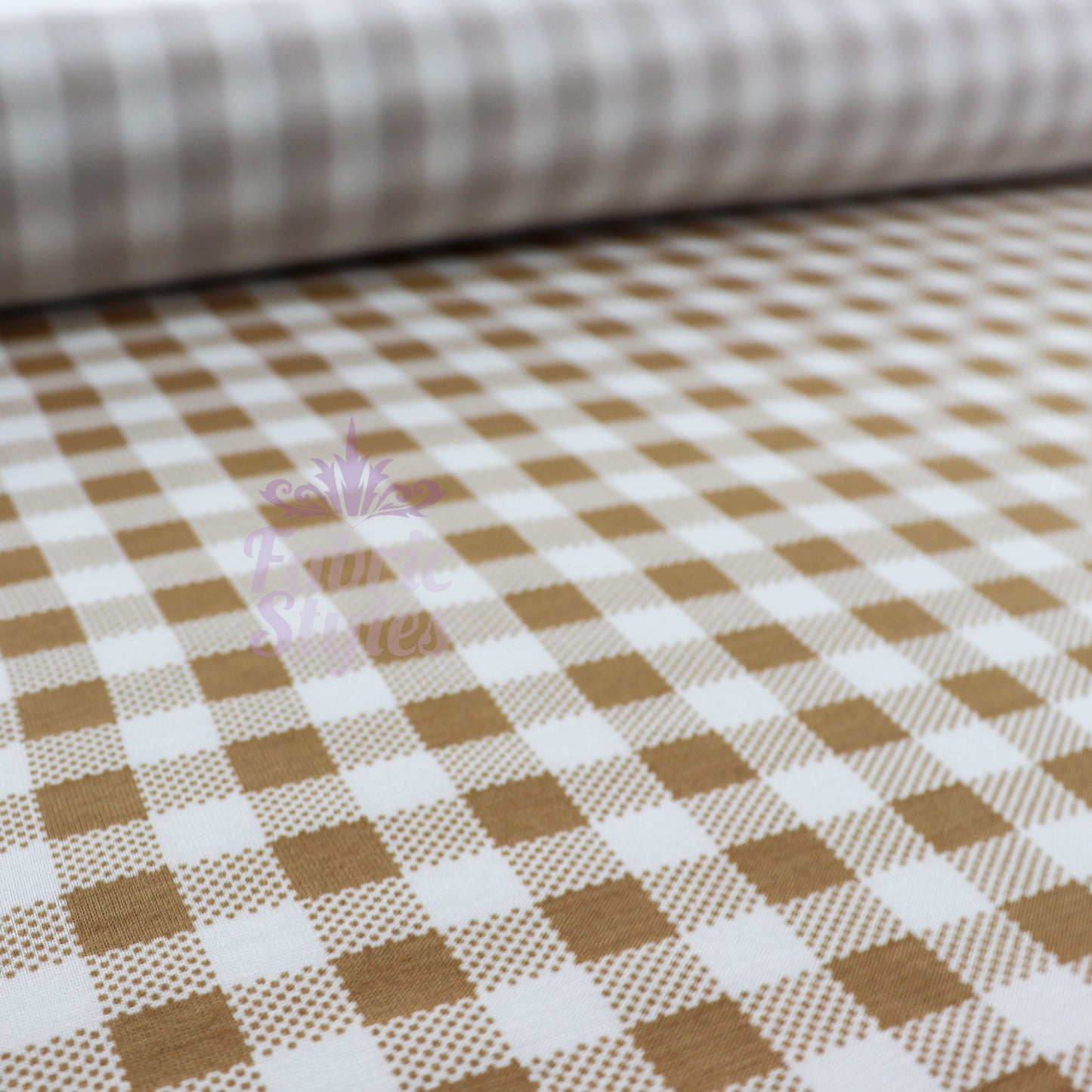 Light Brown Gingham Check Viscose Elastane Fabric