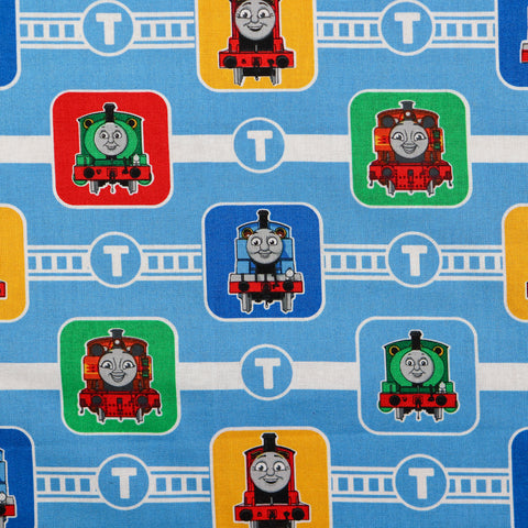 FS907_5 Thomas Character Block | Fabric | Brand, Branded, cartoon, Cartoon Network, Children, comic, comics, Cotton, Engine, Fabric, fashion fabric, Friends, hero, Kids, Light blue, logo, making, Tank, The, Thom, Thomas, Thomas & Friends, Thomas the tank engine, Train | Fabric Styles