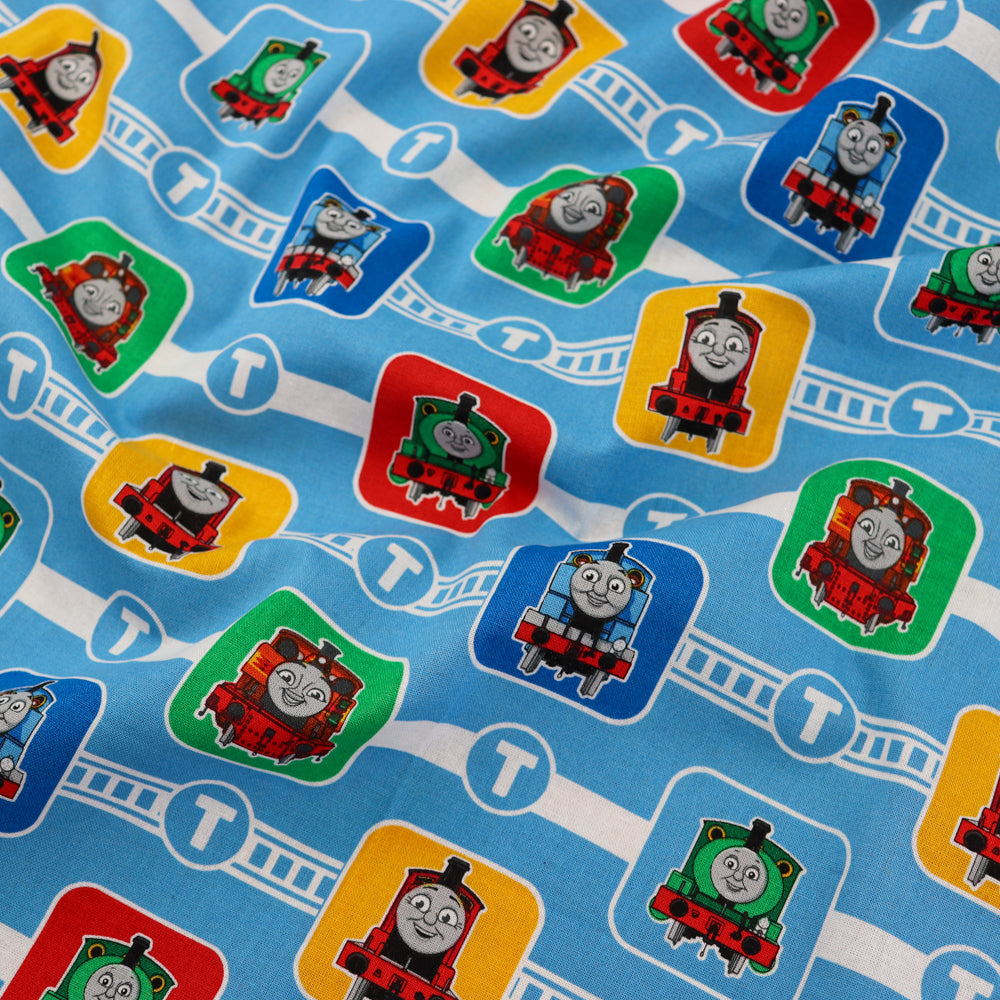 FS907_5 Thomas Character Block | Fabric | Brand, Branded, cartoon, Cartoon Network, Children, comic, comics, Cotton, Engine, Fabric, fashion fabric, Friends, hero, Kids, Light blue, logo, making, Tank, The, Thom, Thomas, Thomas & Friends, Thomas the tank engine, Train | Fabric Styles