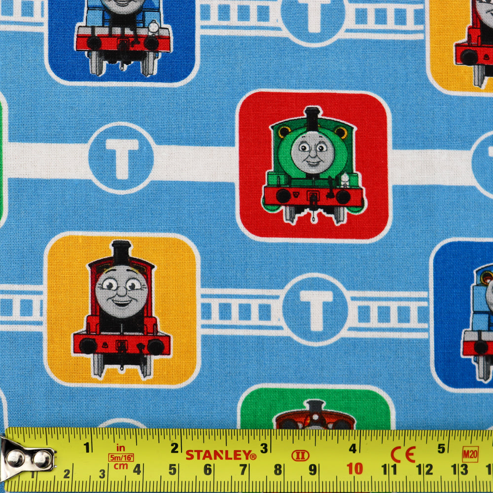 FS907_5 Thomas Character Block | Fabric | Brand, Branded, cartoon, Cartoon Network, Children, comic, comics, Cotton, Engine, Fabric, fashion fabric, Friends, hero, Kids, Light blue, logo, making, Tank, The, Thom, Thomas, Thomas & Friends, Thomas the tank engine, Train | Fabric Styles