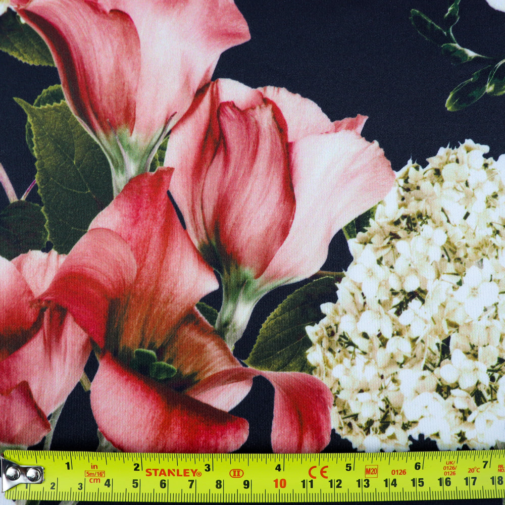 FS1029 Floral Stretch Knit Fabric Black Beige Dusty Pink | Fabric | drape, Fabric, fashion fabric, Floral, Flower, Flowers, Ivory, making, Pink, Rose, Scuba, sewing, Stretchy, White | Fabric Styles