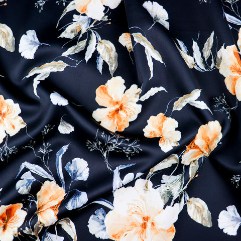 FS1100 Orange Floral Scuba Stretch Fabric | Fabric | Black, fabric, fashion, fashion fabric, floral, Florals, High Fashion, orange, rose floral, scuba, Small Floral | Fabric Styles