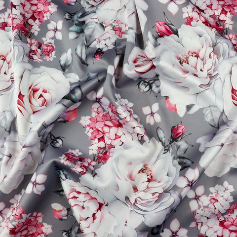 FS1091 Floral Blossom Scuba Stretch Fabric | Fabric | Beach Dress, Blossom, Blossoms, fabric, fashion, fashion fabric, floral, flower, grey, High Fashion, material, Pink Blossoms, Scuba, Summer Dress | Fabric Styles