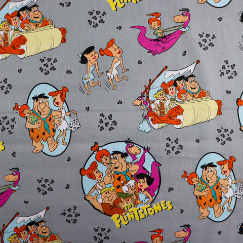 FS802 The Flintstones Cotton Fabric Grey | Fabric | Blue, Brand, Branded, Children, Cotton, drape, Fabric, fashion fabric, Flinstone, Flinstones, Grey, Grey Base, hero, Kids, logo, sewing | Fabric Styles