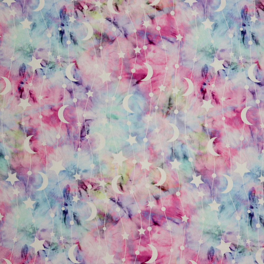 FS517 Moon Stars Tie Dye Soft Touch | Fabric | children, drape, Fabric, fashion fabric, kids, Moon, new, sewing, Soft Touch, star, Stars, Stretchy, Tie Dye | Fabric Styles