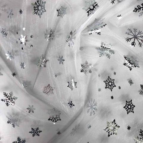 FS661_1 Snowflake Foil Organza | Fabric | brown, Christmas, dressmaking, Fabric, fabrics, fashion fabric, FS490, Green, Grey, leggings, leopard, Nylon, Organsa, Organza, Pink, Plain, SALE, see through, sewing, skirt, Snowflake, Snowflakes, Transparent, White, XMAS | Fabric Styles