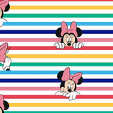 FS760_2 Disney Rainbow Stripe Minnie | Fabric | blue, Brand, Branded, Children, Cotton, Denim, Disney, drape, Fabric, fashion fabric, Kids, Light blue, making, Mermaid, Minnie, Minnie Mouse, Mouse, Pink, sewing, Skirt, Stripe | Fabric Styles