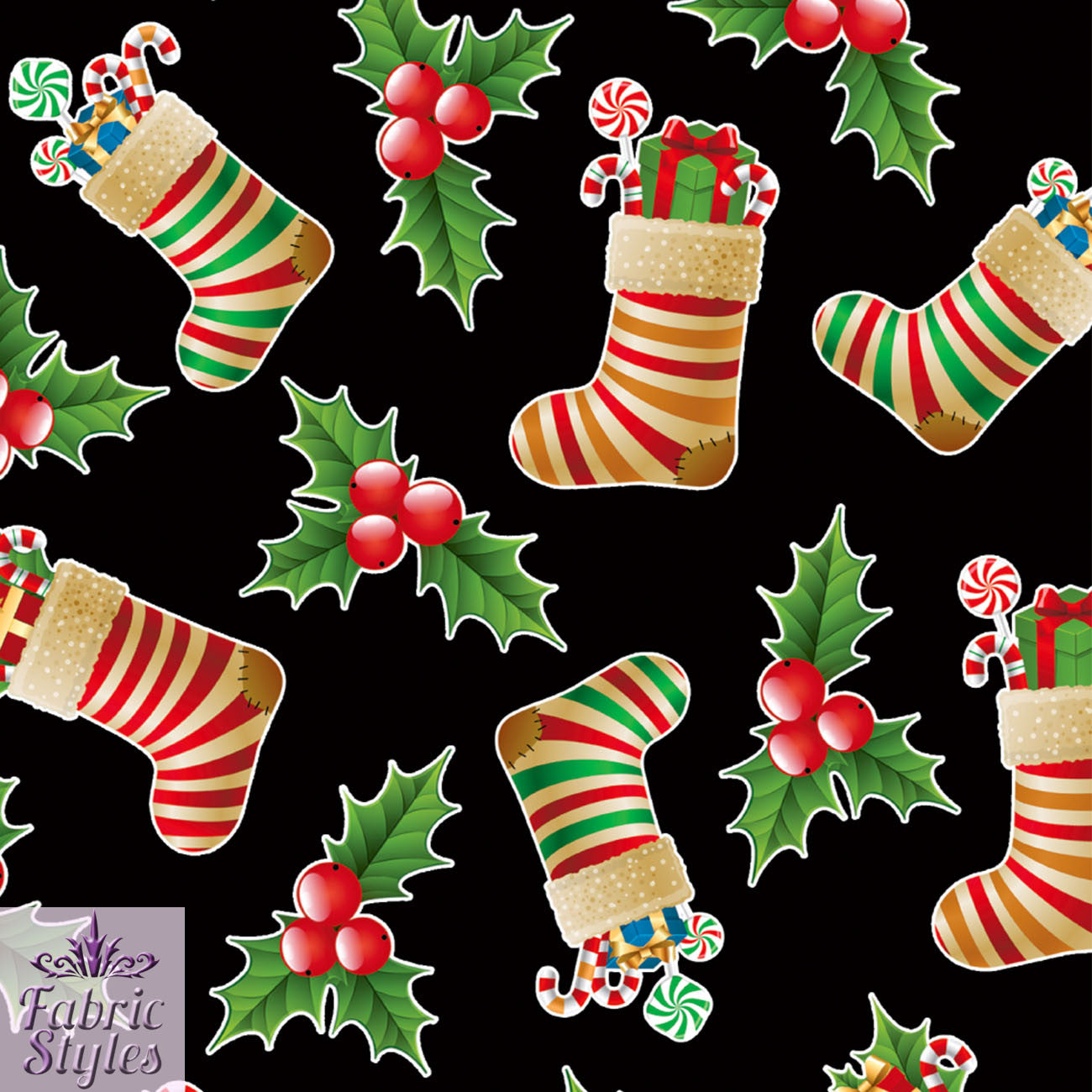 FS078 Christmas Print, Stockings Holly | Fabric | Black, candy, Christmas, fabric, Holly, jersey, polyester, presents, Sale, spun polyester, Spun Polyester Elastane, Stocking, stockings, Sweets, xmas | Fabric Styles