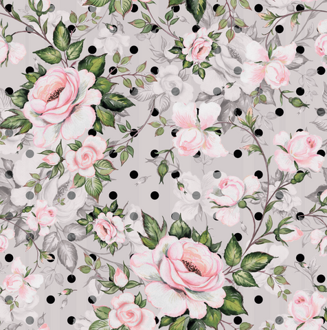 FS1010 Watercolour Blossoms Scuba Stretch Knit Fabric Light Grey | Fabric | fabric, floral, flowers, grey, pink, polka dots, rose, roses, scuba, spots, watercolour | Fabric Styles