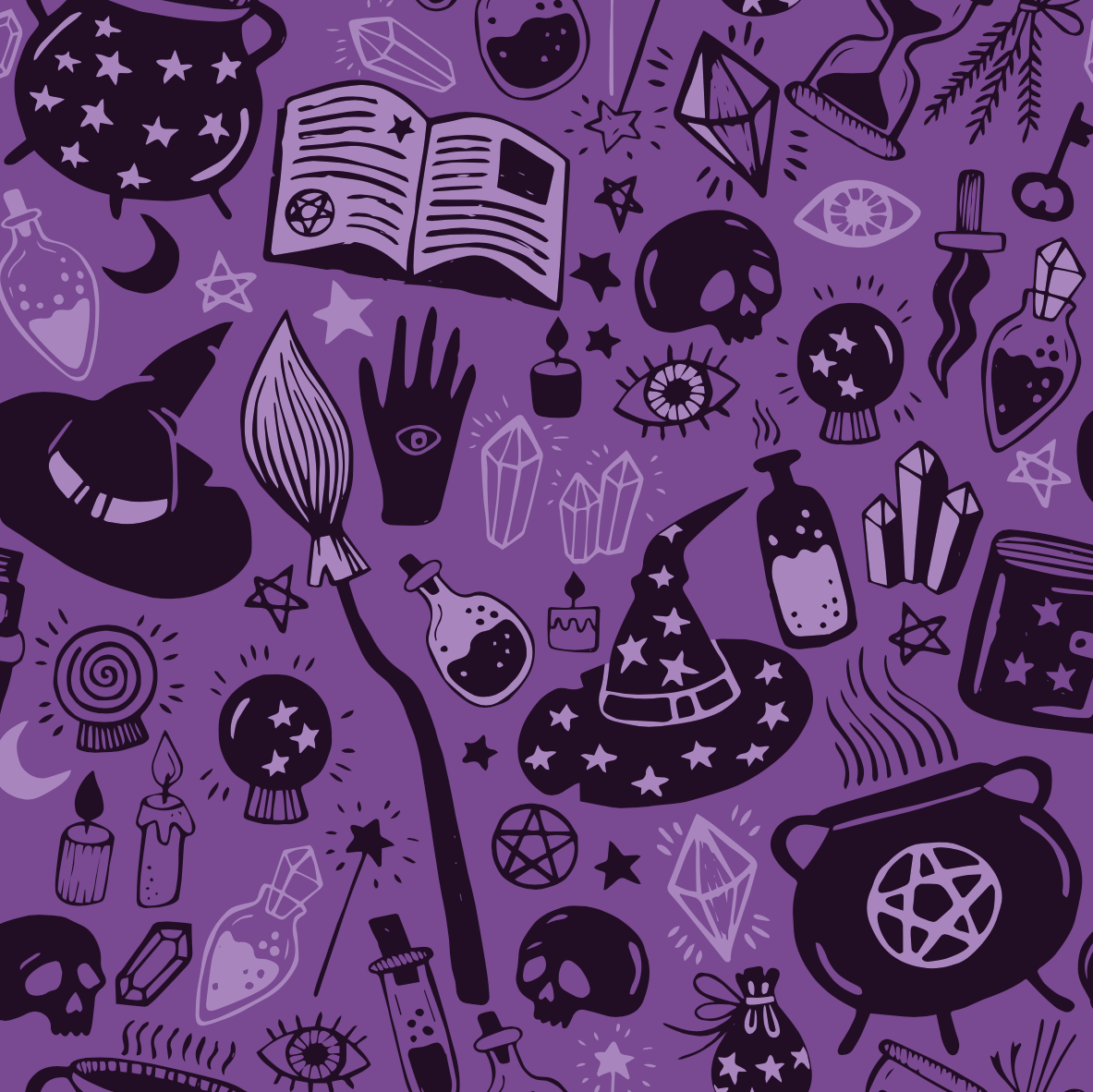 FS1063 Spooky Witchcraft Scuba Stretch Knit Fabric Purple | Fabric | Digitall, fabric, Halloween, Material, Potion, potions, Printed, purple, scuba, witch, Witch Hat | Fabric Styles