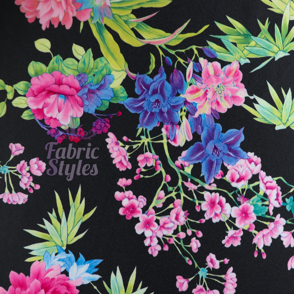 FS132_2 Tropical Floral Silky Stretch Knit Fabric Black & Scuba Crepe Stretch Knit Fabric | Fabric | Black, Fabric, fashion fabric, Floral, jersey, Purple, sale, Scuba crepe, sewing, Soft touch, stretch, Tropical, White | Fabric Styles