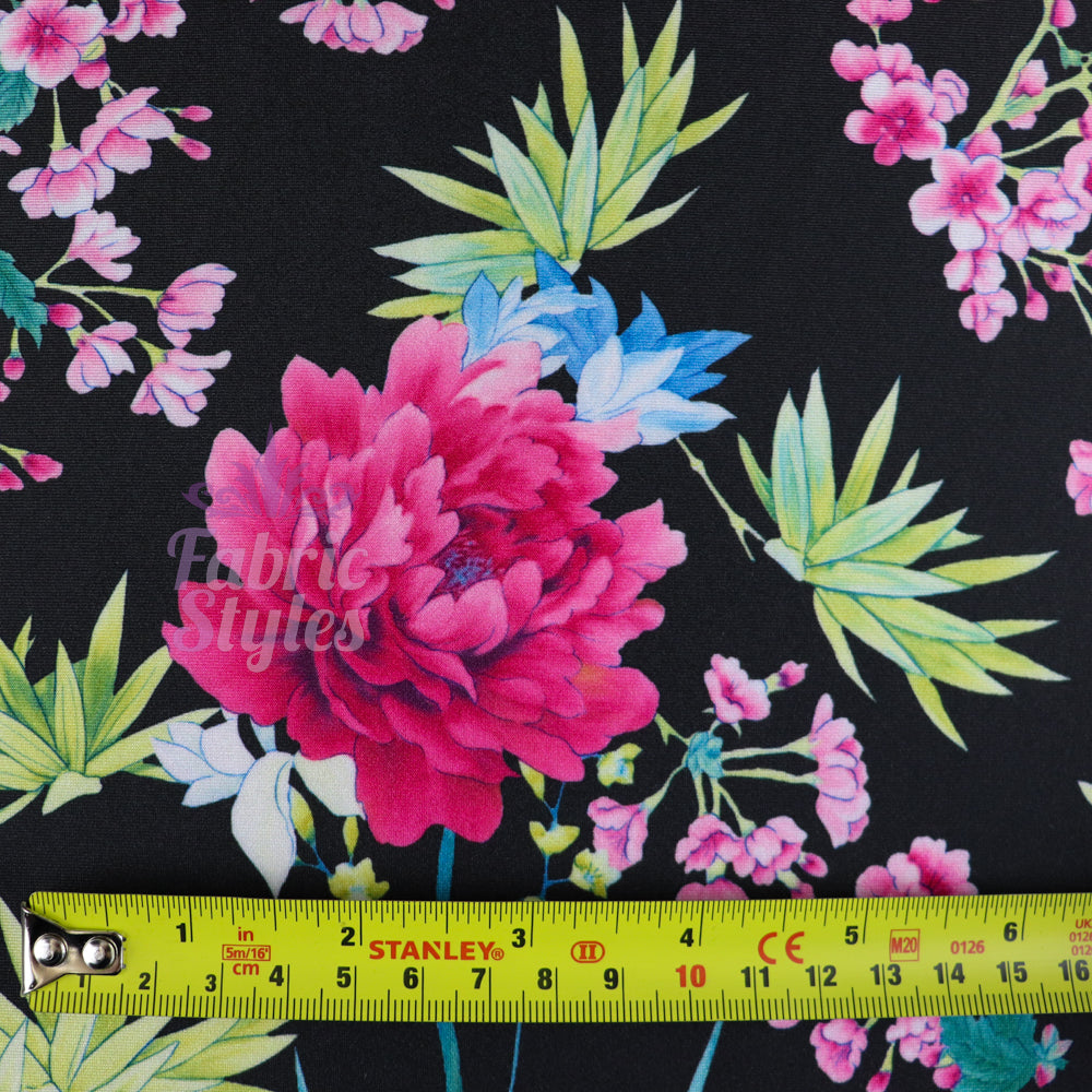 FS132_2 Tropical Floral Silky Stretch Knit Fabric Black & Scuba Crepe Stretch Knit Fabric | Fabric | Black, Fabric, fashion fabric, Floral, jersey, Purple, sale, Scuba crepe, sewing, Soft touch, stretch, Tropical, White | Fabric Styles