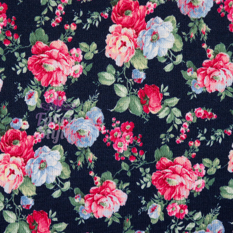 FS969 Navy Floral Stretch Knit Fabric | Fabric | blue, broom, Children, drape, elastane, Fabric, fashion fabric, Floral, Flower, jersey, Kids, Knit, Knitwear, Loungewear, making, Pink, Polyester, Potions, Potter, sale, sewing, Skirt, Stretchy | Fabric Styles