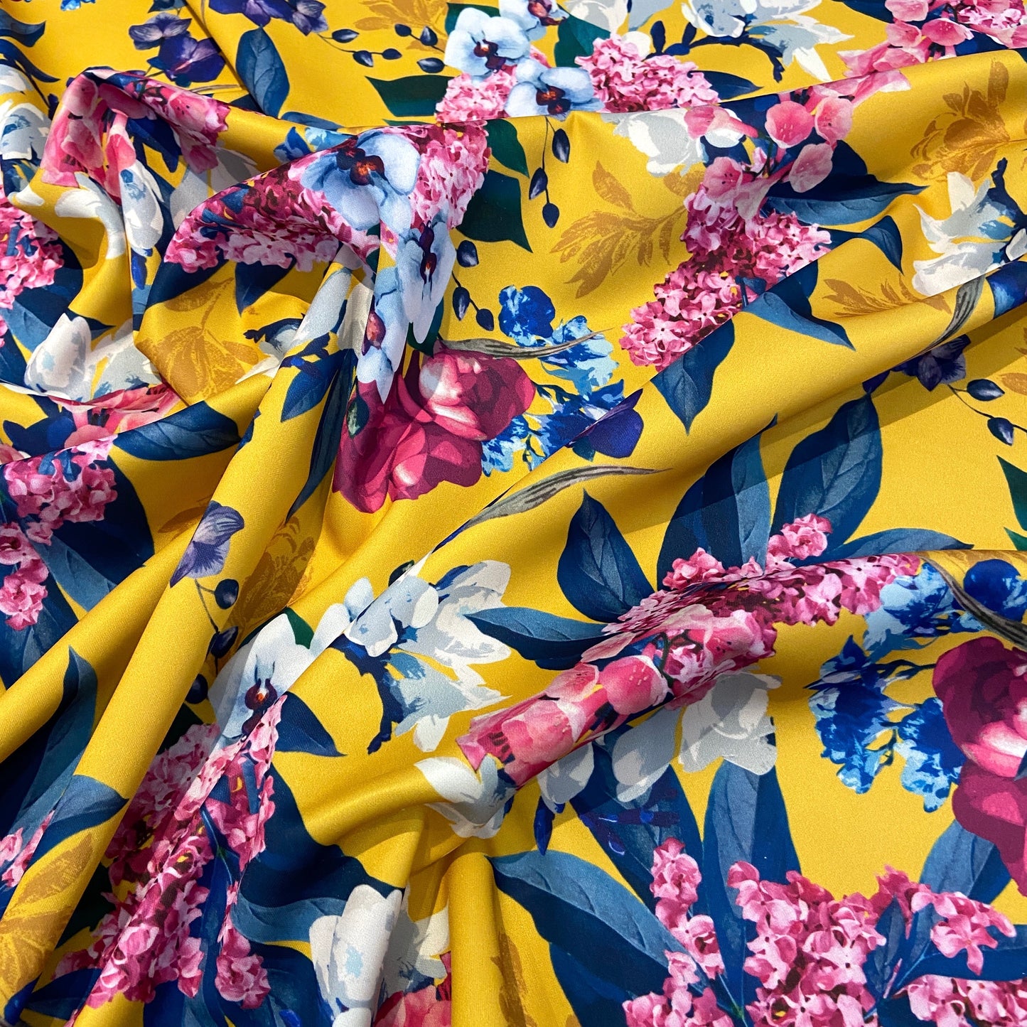 FS352 Delphinium Floral | Fabric | Babywear, Blossom, Daisy, Double Jersey, Dress making, Fabric, fashion fabric, Floral, jersey, Jersey Knit, Pink, Purple, Rompers, Scuba, Skirt, Stretch, Stretchy, Trousers, White | Fabric Styles