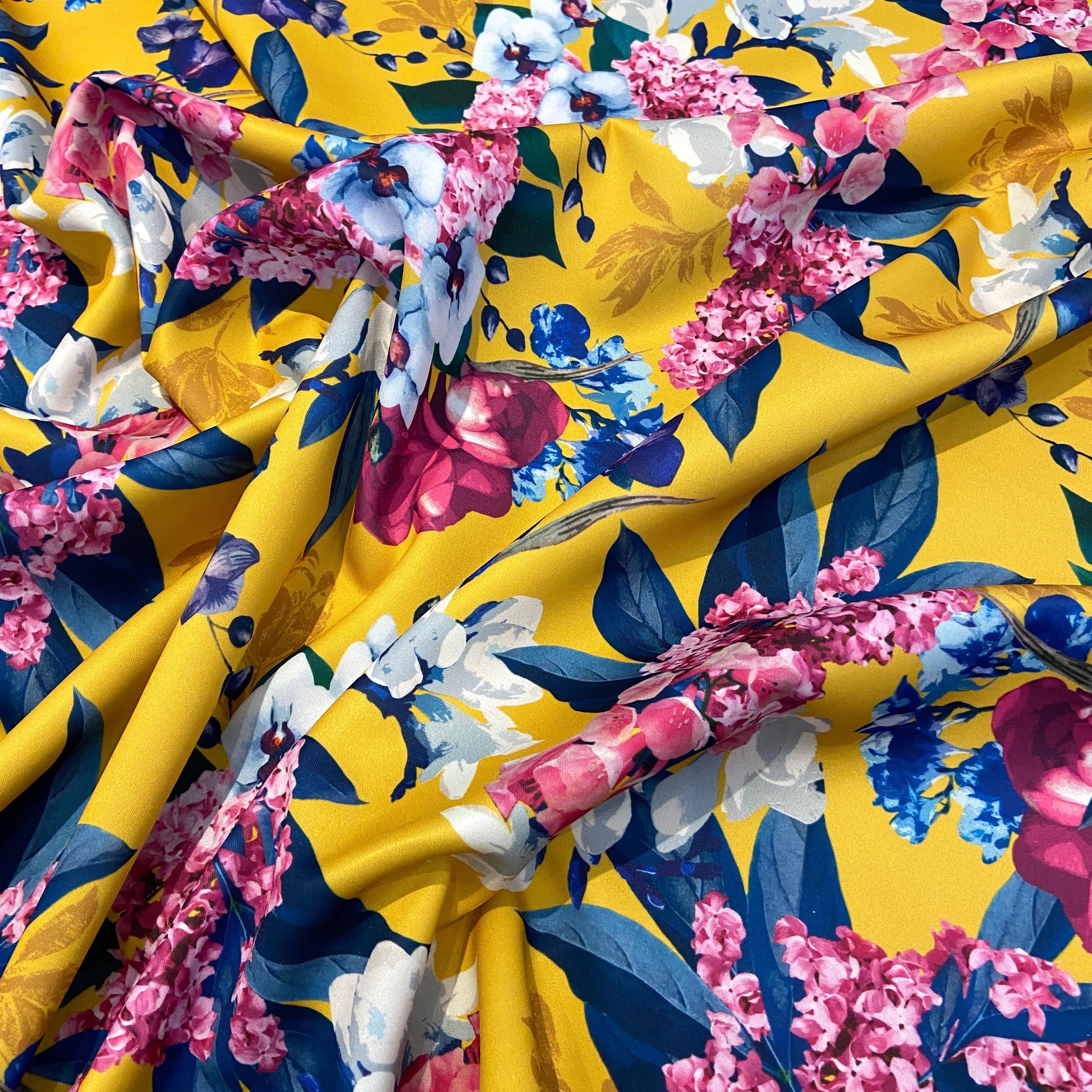 FS352 Delphinium Floral | Fabric | Babywear, Blossom, Daisy, Double Jersey, Dress making, Fabric, fashion fabric, Floral, jersey, Jersey Knit, Pink, Purple, Rompers, Scuba, Skirt, Stretch, Stretchy, Trousers, White | Fabric Styles